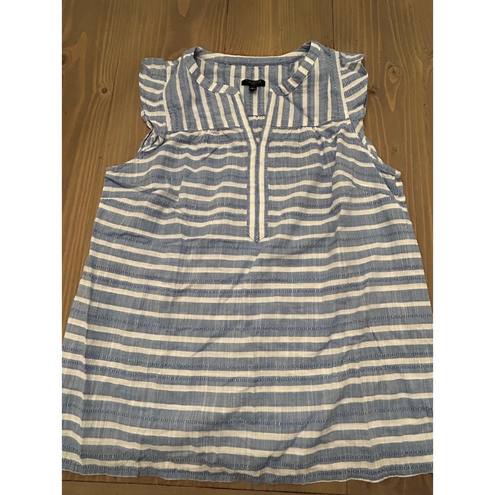 D26 Talbots Petite Blue White Striped Ruffle Sleeve Split Neck Blouse Top MP